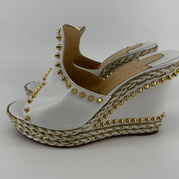 Louboutin White Leather Spike Wedge Mules = Size 40 - Picture 5 of 9